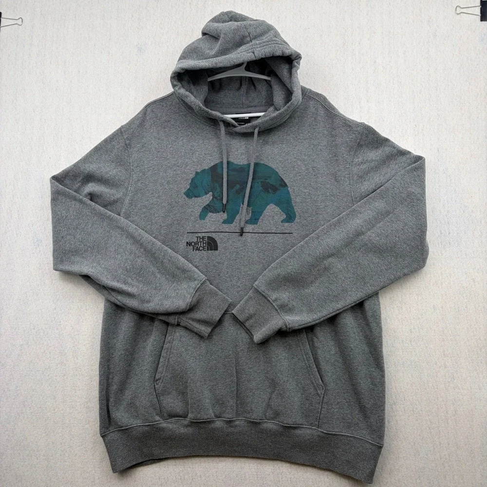 The North Face Mens XL Gray Grizzly Bear Forest Graphic Pullover Hoodie